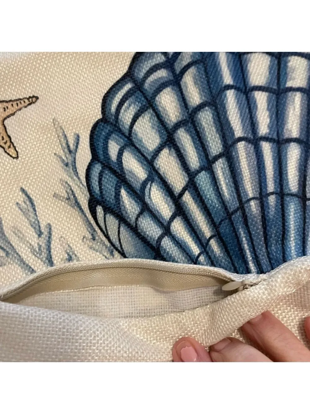 Set of Two Seashell Accent Pillow Covers Blue & Cream Nautical Accents NWOT